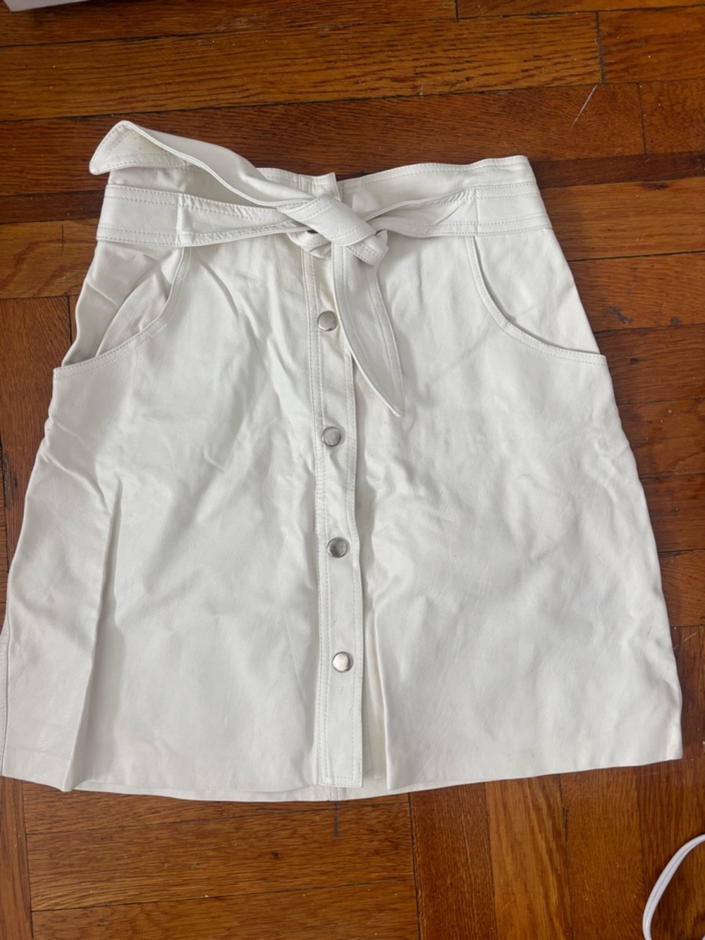 Leather White Button-Front Tie-Waist Mini Skirt